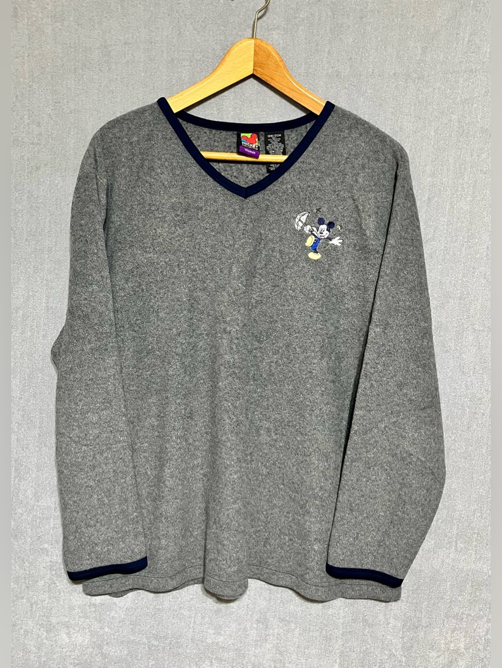 Gray V-Neck Mickey Women's Sweater with Navy Trim and Cartoon Embroidery